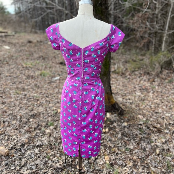 Purple & Teal Floral Dot Keyhole Retro Pinup Wiggle Dress w/Reversible Bolero - Picture 9 of 11
